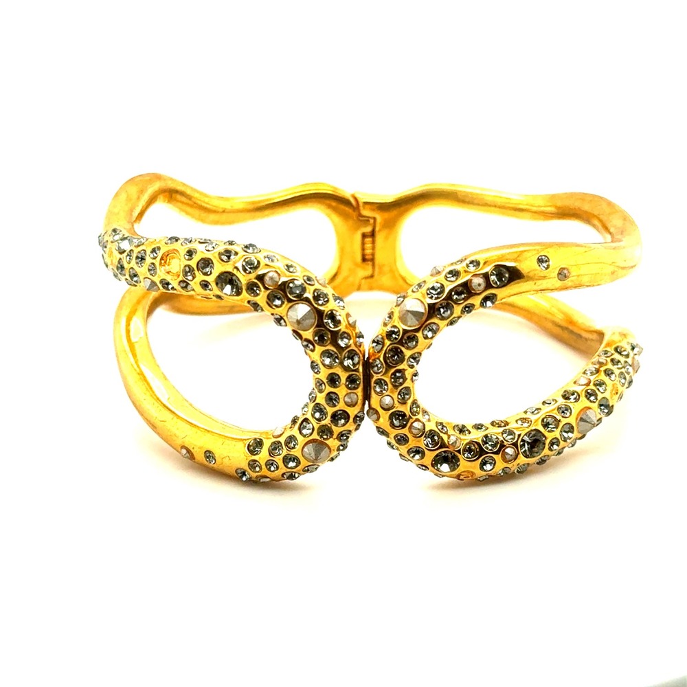 Alexis‎ Bittar Gold Tone Crystal Encrusted Hinged Cuff Bracelet Sculptural Wavy